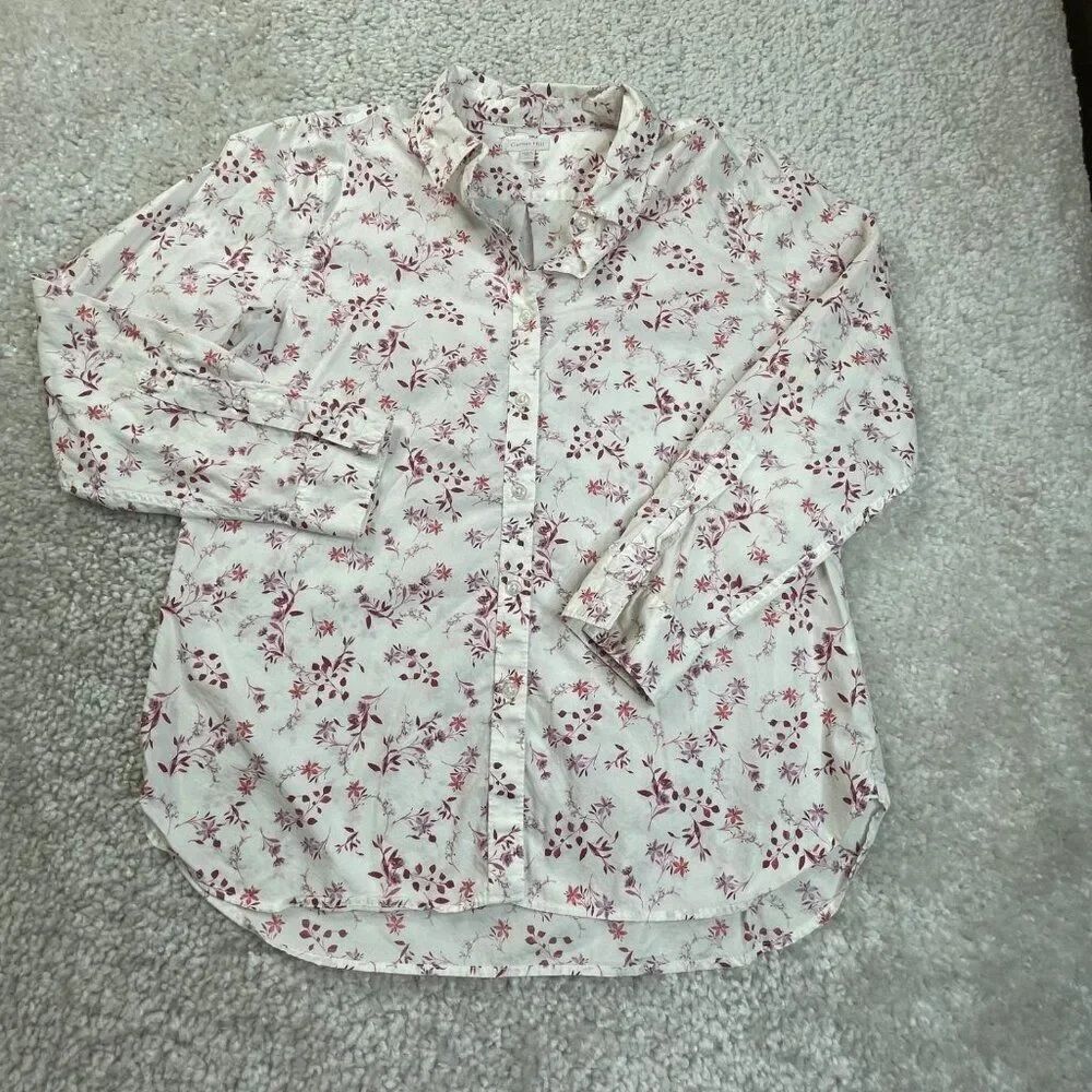 Garnet Hill Essential Organic Pima Cotton Button Up Shirt Floral Womens 10